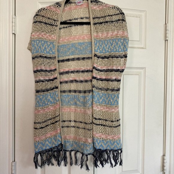 Justice Girls Open Front Cardigan Sweater 12/14 Fringed Sparkle Short Sleeve - Picture 1 of 6